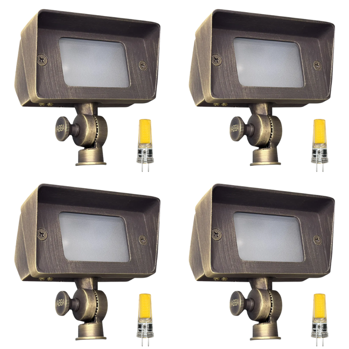 Outdoor Landscape Lighting LED 12V Low Voltage FPB01 4x/8x/12x Package Brass Rectangular LED Directional Floodlight Adjustable Lighting 3W 3000K Bulb 4 Pack Natural Brass