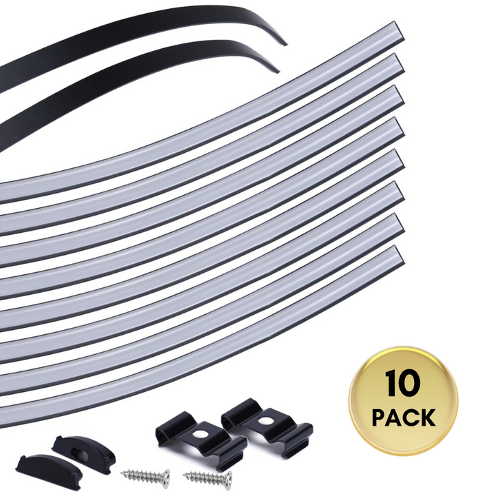 AC12 U-Shaped Rectangular Flexible Black and Silver Finish Aluminum Channel with Frosted Plastic Cover 3.3FT/1M For Max 12mm Width LED Strip Lights Pack of 6/10/20