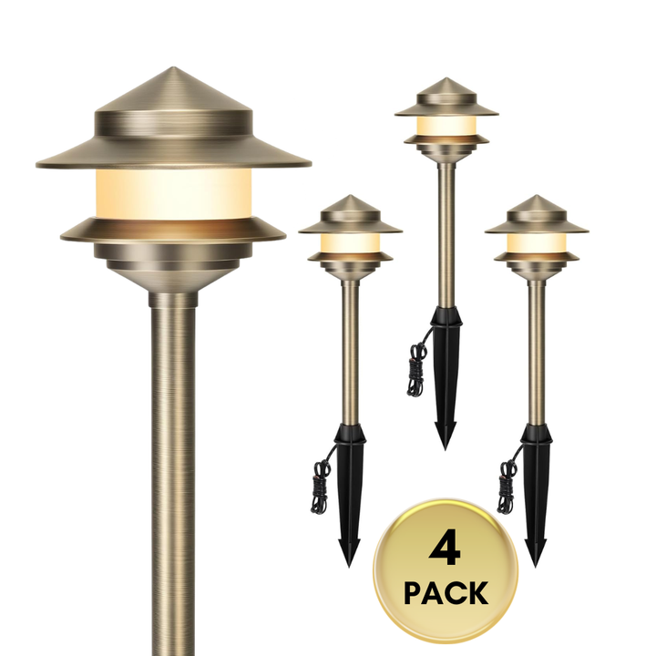 ALP73 12V Low Voltage LED Two-Tier Pagoda Path Lights Package – Solid Brass Outdoor Landscape Lighting