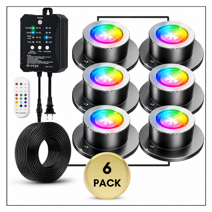 Outdoor Landscape Lighting LED 12V Low Voltage ULBA05 Aluminum Underwater Landscape 12-24V AC/DC 3W RGB+Warm White Integrated Color-changing Fountain Light Pond Lighting IP68 with Remote Control and Transformer Included