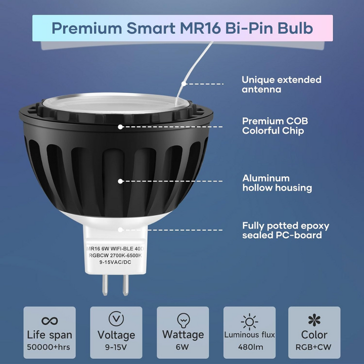RGBCW MR16 6W Smart WIFI Bluetooth Control LED Light Bulb 6 Pack, Energy Saving RGBCW Color Changing 2700K-6500K 12V Outdoor LED Bulb Compatible with Alexa and Google Assistant