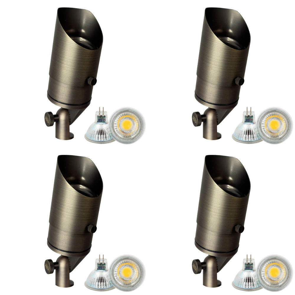 Outdoor Landscape Lighting LED 12V Low Voltage SPB05 4x/8x/12x Package LED Landscape Low Voltage Spotlight Adjustable Outdoor Lighting with 5W 3000K Bulb Natural Brass 4 Pack