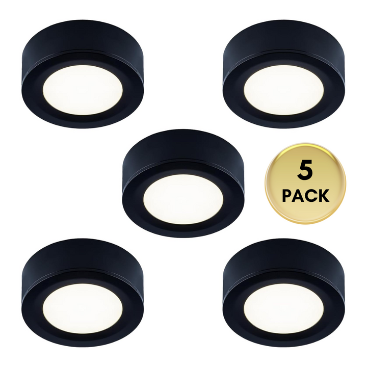 CBA03 3x/5x Pack 2.7W 2.68" 3000K Dimmable Recessed and Surface Mounted Line Voltage 120V Line Voltage Hardwired LED Puck Cabinet Light Cast Aluminum Downlighting 110LM/130LM Package