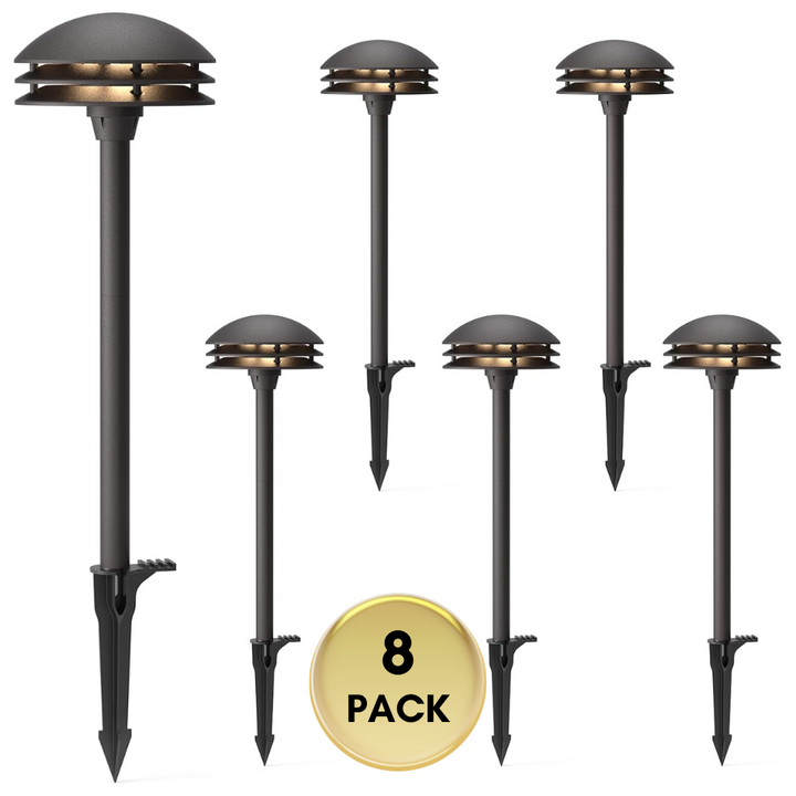 ALP72 2 and 8 Pack Integrated LED Landscape 3-Tier Pagoda Metal Pathway Lights Package, 3000K 4W 80 LM Low Voltage 12V AC Bronze Pagoda Outdoor Landscape Lighting