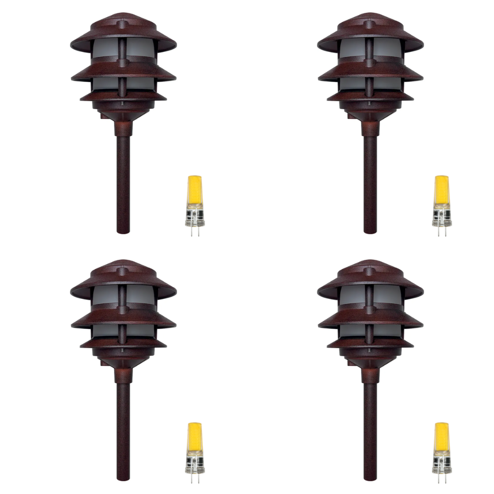 Outdoor Landscape Lighting LED 12V Low Voltage CDPA72 4x/8x/12x Package Black 12V AC/DC Low Voltage Landscape Lighting 3 Tier Aluminum Pagoda Path Light 3W 3000K G4 Bulb 4 Pack Brown