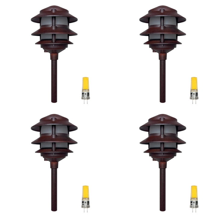 Outdoor Landscape Lighting LED 12V Low Voltage CDPA72 4x/8x/12x Package Black 12V AC/DC Low Voltage Landscape Lighting 3 Tier Aluminum Pagoda Path Light 3W 3000K G4 Bulb 4 Pack Brown