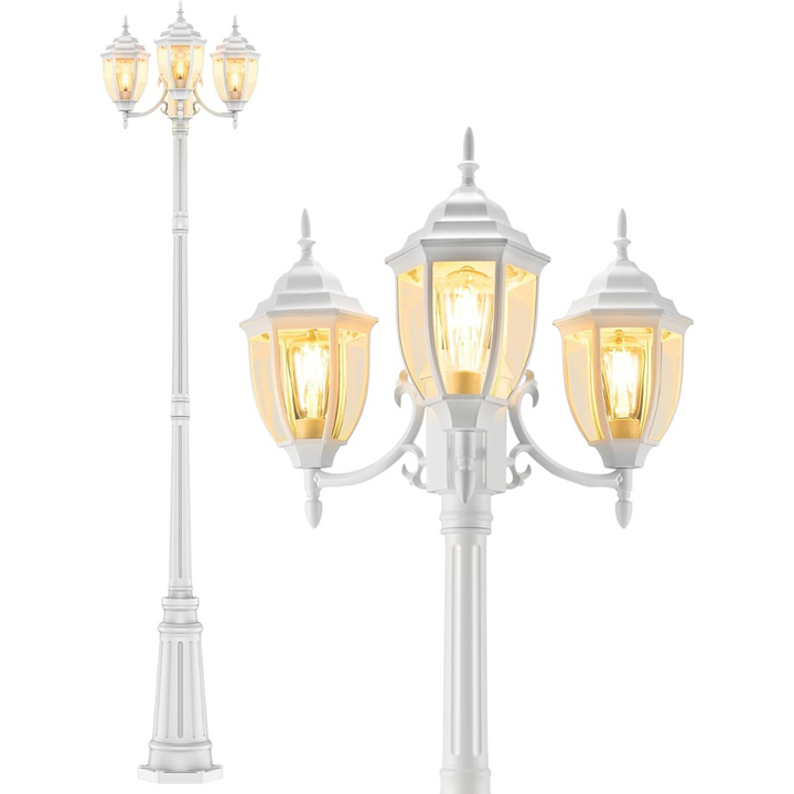 PLH02 Classic Black or White Aluminum 3-Head Post Light 92.5" Pole with Glass Panels 3 E26 Base Medium Base Socket 120V with for Garden, Exterior Lighting