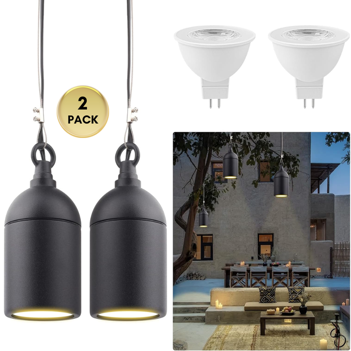 HLA06 2-Pack Low Voltage Black Rounded Pendant with MR16 3W 300LM 3000K Warm White LED Aluminum Light Hanging Patio Light Package