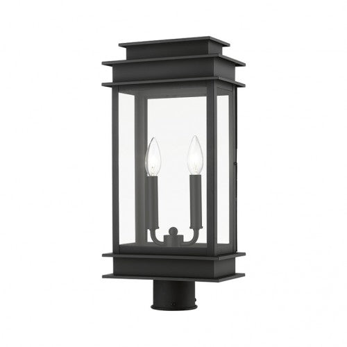 2017-04 Princeton Outdoor Classics 2 E12 Candelabra Base Light Bulb Socket Outdoor Post Top Lantern 20.5"x9.5"x5.5" Solid Brass Lantern and Clear Glass with Black Brass Finish 120V for Garden, Exterior Posts