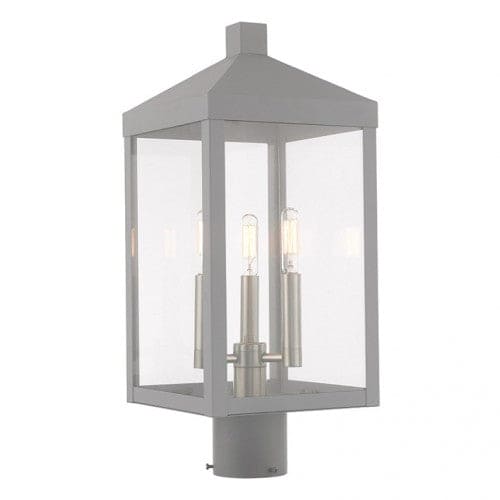 20592-80 Nyack Outdoor Classics 1 E12 Candelabra Base Light Bulb Socket Medium Outdoor Post Top Lantern 8.25" x 8.25" x 19.5" Solid Brass and Clear Glass with Nordic Gray with Brushed Nickel Finish 120V for Garden, Exterior Post