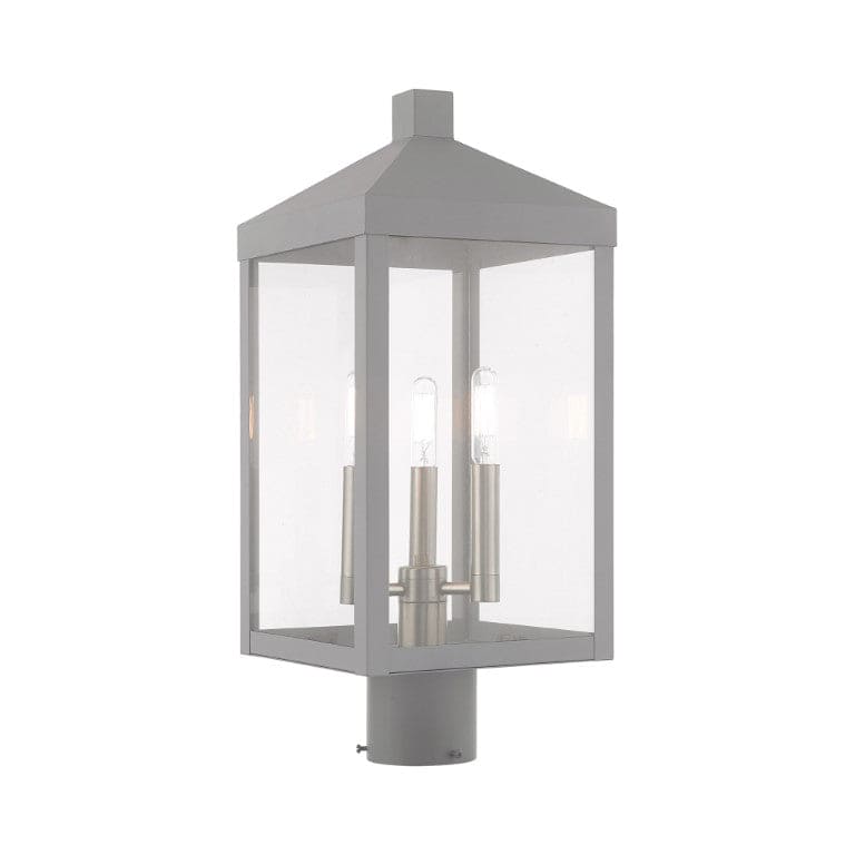 20592-80 Nyack Outdoor Classics 1 E12 Candelabra Base Light Bulb Socket Medium Outdoor Post Top Lantern 8.25" x 8.25" x 19.5" Solid Brass and Clear Glass with Nordic Gray with Brushed Nickel Finish 120V for Garden, Exterior Post