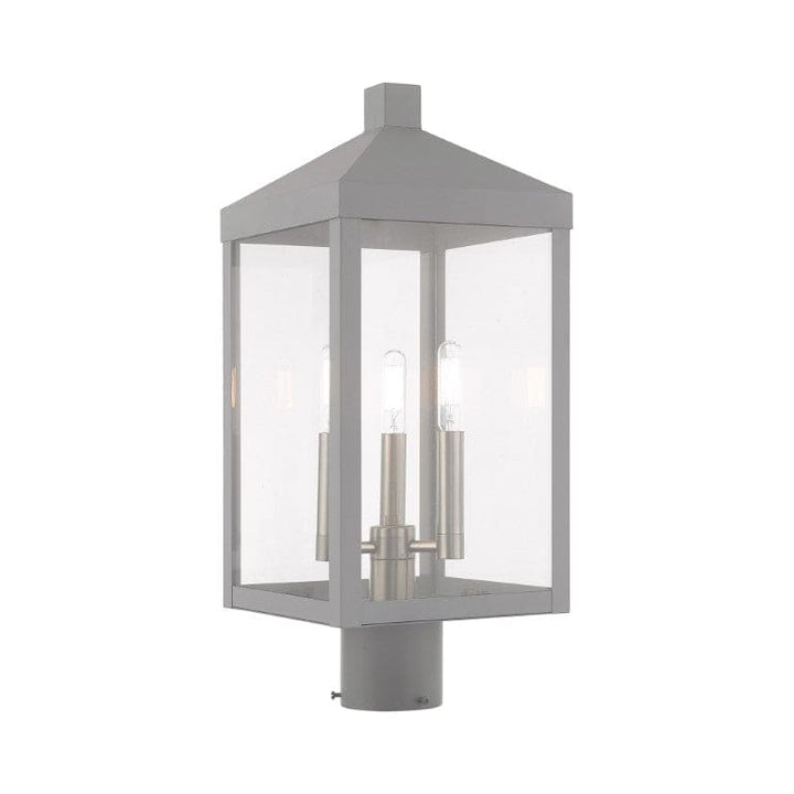 20592-80 Nyack Outdoor Classics 1 E12 Candelabra Base Light Bulb Socket Medium Outdoor Post Top Lantern 8.25" x 8.25" x 19.5" Solid Brass and Clear Glass with Nordic Gray with Brushed Nickel Finish 120V for Garden, Exterior Post
