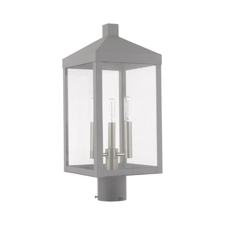 20592-80 Nyack Outdoor Classics 1 E12 Candelabra Base Light Bulb Socket Medium Outdoor Post Top Lantern 8.25" x 8.25" x 19.5" Solid Brass and Clear Glass with Nordic Gray with Brushed Nickel Finish 120V for Garden, Exterior Post
