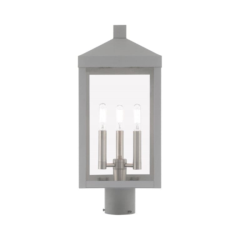 20592-80 Nyack Outdoor Classics 1 E12 Candelabra Base Light Bulb Socket Medium Outdoor Post Top Lantern 8.25" x 8.25" x 19.5" Solid Brass and Clear Glass with Nordic Gray with Brushed Nickel Finish 120V for Garden, Exterior Post