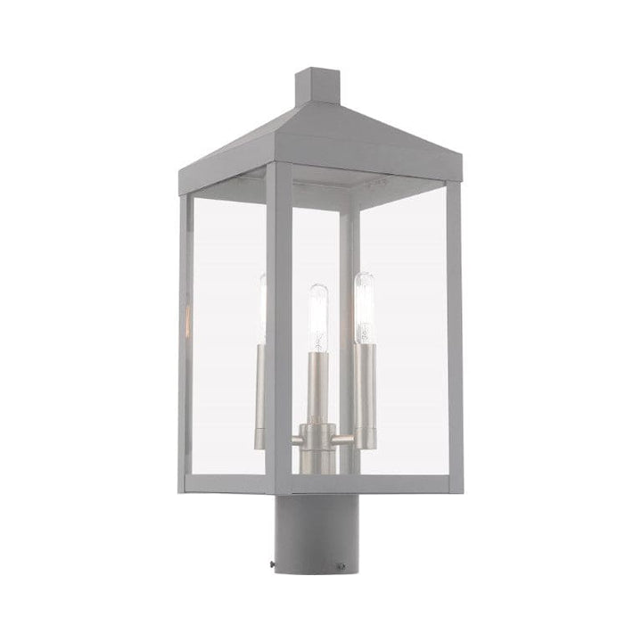 20592-80 Nyack Outdoor Classics 1 E12 Candelabra Base Light Bulb Socket Medium Outdoor Post Top Lantern 8.25" x 8.25" x 19.5" Solid Brass and Clear Glass with Nordic Gray with Brushed Nickel Finish 120V for Garden, Exterior Post