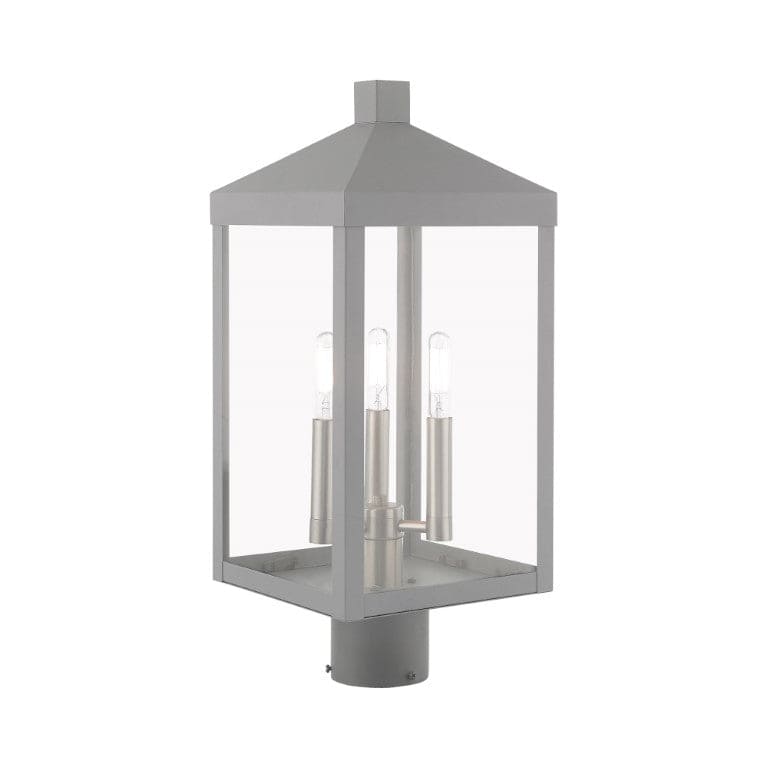 20592-80 Nyack Outdoor Classics 1 E12 Candelabra Base Light Bulb Socket Medium Outdoor Post Top Lantern 8.25" x 8.25" x 19.5" Solid Brass and Clear Glass with Nordic Gray with Brushed Nickel Finish 120V for Garden, Exterior Post