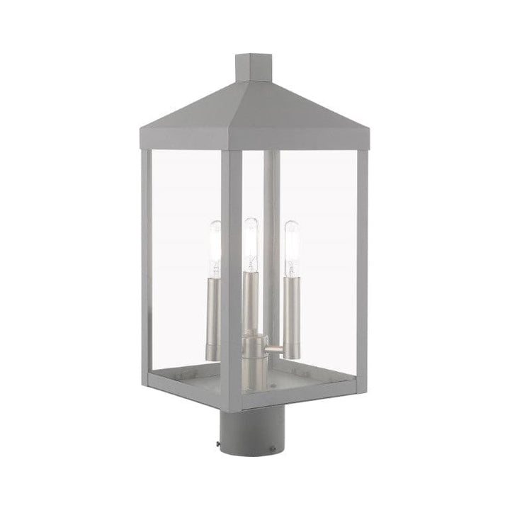 20592-80 Nyack Outdoor Classics 1 E12 Candelabra Base Light Bulb Socket Medium Outdoor Post Top Lantern 8.25" x 8.25" x 19.5" Solid Brass and Clear Glass with Nordic Gray with Brushed Nickel Finish 120V for Garden, Exterior Post