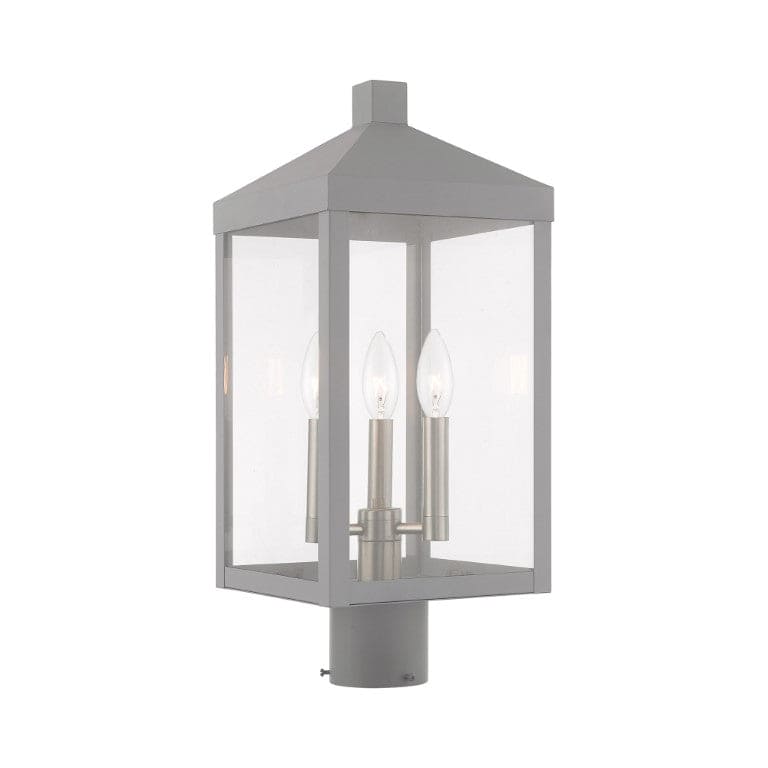 20592-80 Nyack Outdoor Classics 1 E12 Candelabra Base Light Bulb Socket Medium Outdoor Post Top Lantern 8.25" x 8.25" x 19.5" Solid Brass and Clear Glass with Nordic Gray with Brushed Nickel Finish 120V for Garden, Exterior Post