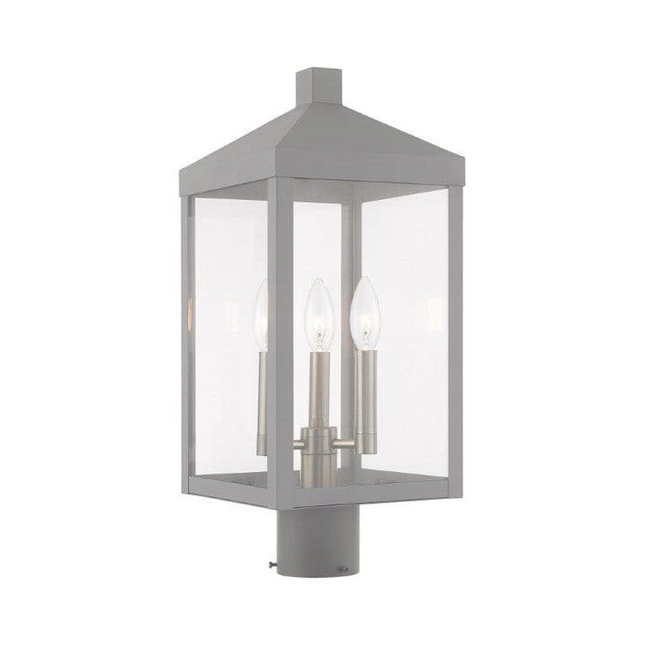 20592-80 Nyack Outdoor Classics 1 E12 Candelabra Base Light Bulb Socket Medium Outdoor Post Top Lantern 8.25" x 8.25" x 19.5" Solid Brass and Clear Glass with Nordic Gray with Brushed Nickel Finish 120V for Garden, Exterior Post