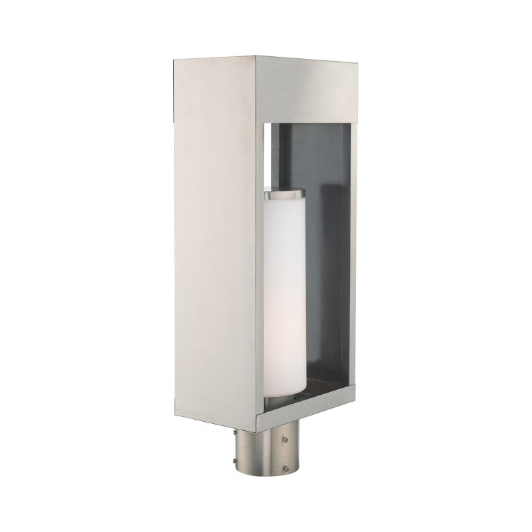 Bleecker Medium Base Light Bulb Socket Outdoor Large Post Top Lantern 7.875" x 5.125" x 20" Solid Brass and Hand Blown Satin Opal White Cylinder Glass, Brushed Nickel Finish 120V for Garden, Exterior Post - 20985-91