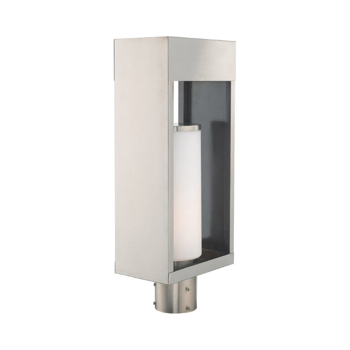 Bleecker Medium Base Light Bulb Socket Outdoor Large Post Top Lantern 7.875" x 5.125" x 20" Solid Brass and Hand Blown Satin Opal White Cylinder Glass, Brushed Nickel Finish 120V for Garden, Exterior Post - 20985-91