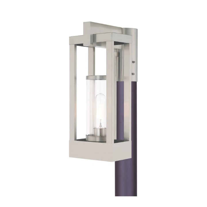 Delancey Medium Base Light Bulb Socket Medium Outdoor Post Top Lantern 9.125" x 6.25" x 15.125" Solid Brass and Cylinder Clear Glass, Brushed Nickel Finish 120V for Garden, Exterior Post - 20994-91