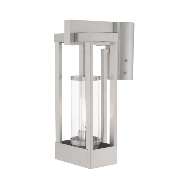 Delancey Medium Base Light Bulb Socket Medium Outdoor Post Top Lantern 9.125" x 6.25" x 15.125" Solid Brass and Cylinder Clear Glass, Brushed Nickel Finish 120V for Garden, Exterior Post - 20994-91
