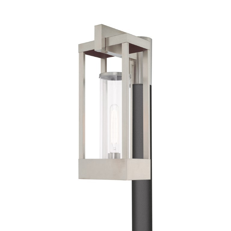 Delancey Medium Base Light Bulb Socket Medium Outdoor Post Top Lantern 10.125" x 8" x 18.875" Solid Brass and Cylinder Clear Glass, Brushed Nickel Finish 120V for Garden, Exterior Post - 20996-91