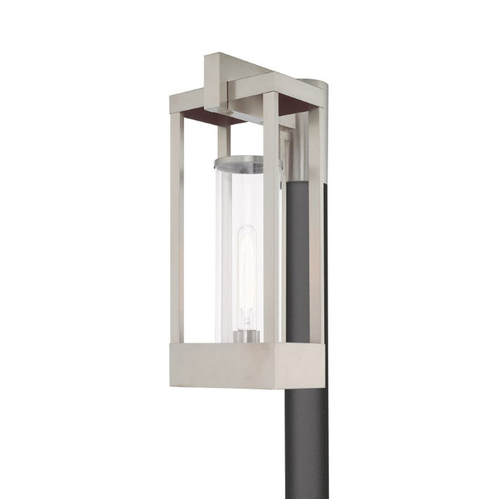 Delancey Medium Base Light Bulb Socket Medium Outdoor Post Top Lantern 10.125" x 8" x 18.875" Solid Brass and Cylinder Clear Glass, Brushed Nickel Finish 120V for Garden, Exterior Post - 20996-91