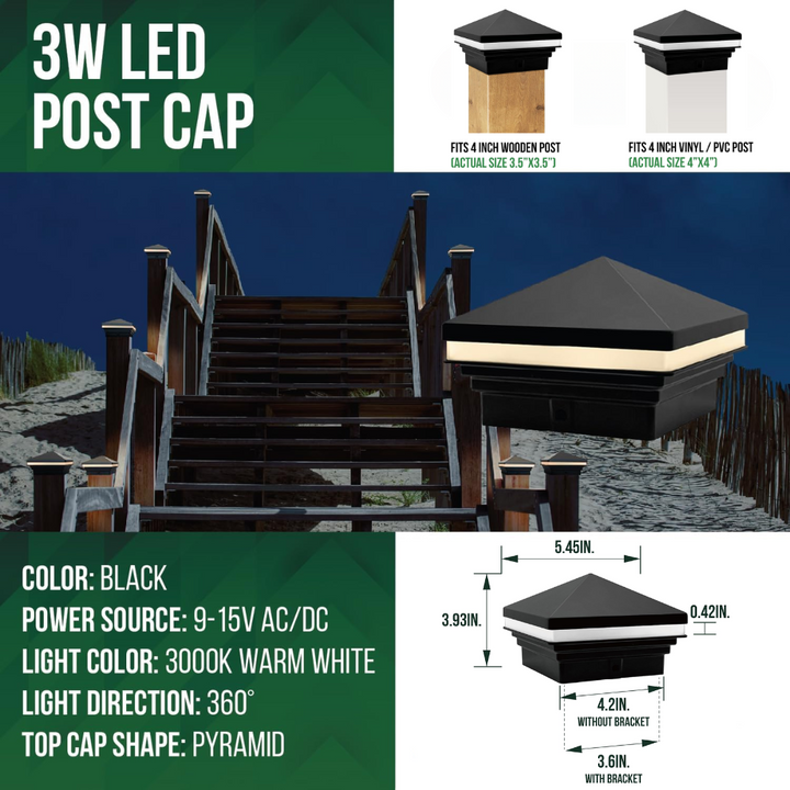 Outdoor Landscape Lighting LED 12V Low Voltage CPL04 Modern Pyramid-Top 12V AC/DC Low Voltage 3W 2700K/3000K 150 Lumens LED Post Cap Light for 3.5x3.5 or 4x4 Posts IP65 Waterproof