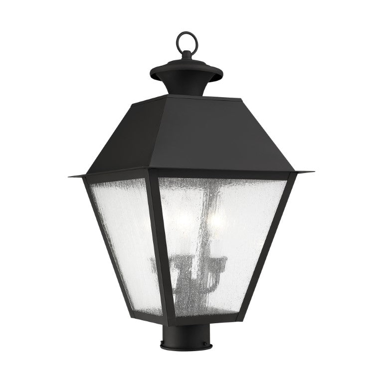 2169-04 Mansfield Candelabra Base Light Bulb Socket Large Outdoor Post Top Lantern 12" x 12" x 20"  Hand Crafted Solid Brass and Seeded Glass, Black Finish 120V for Garden, Exterior Post