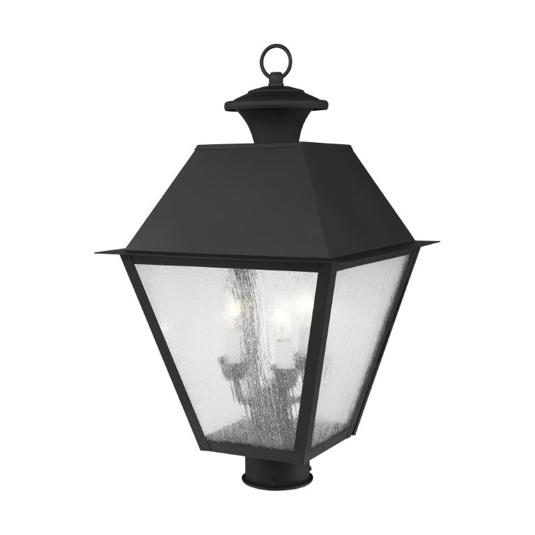 2169-04 Mansfield Candelabra Base Light Bulb Socket Large Outdoor Post Top Lantern 12" x 12" x 20"  Hand Crafted Solid Brass and Seeded Glass, Black Finish 120V for Garden, Exterior Post