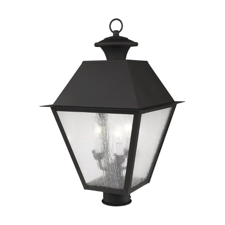 2169-04 Mansfield Candelabra Base Light Bulb Socket Large Outdoor Post Top Lantern 12" x 12" x 20"  Hand Crafted Solid Brass and Seeded Glass, Black Finish 120V for Garden, Exterior Post