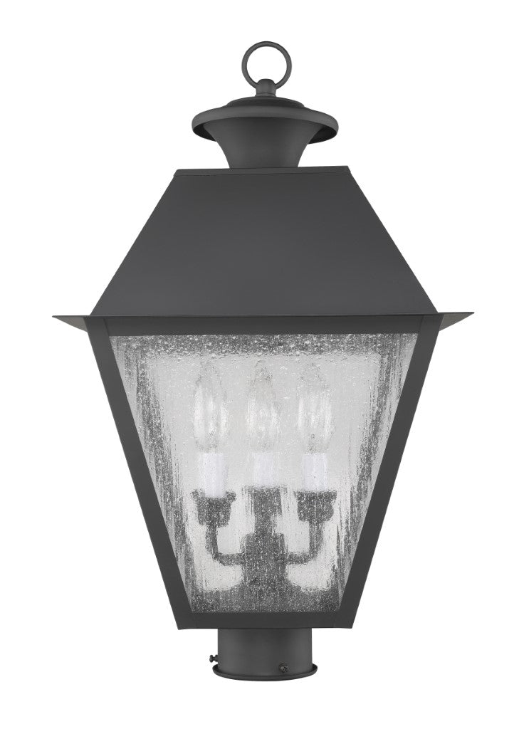 2169-04 Mansfield Candelabra Base Light Bulb Socket Large Outdoor Post Top Lantern 12" x 12" x 20"  Hand Crafted Solid Brass and Seeded Glass, Black Finish 120V for Garden, Exterior Post