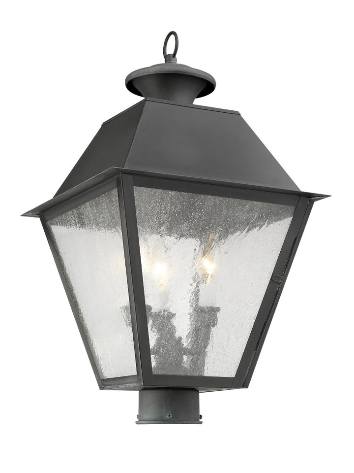 2169-61 Mansfield Candelabra Base Light Bulb Socket Large Outdoor Post Top Lantern 12" x 12" x 20"  Hand Crafted Solid Brass and Seeded Glass, Charcoal Finish 120V for Garden, Exterior Post