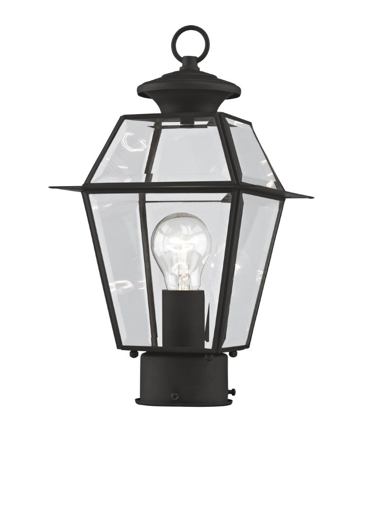 2182-04 Westover Medium Base Light Bulb Socket Small Outdoor Post Top Lantern 7.5" x 7.5" x 14"  Hand Crafted Solid Brass and Clear Beveled Glass, Black Finish 120V for Garden, Exterior Post