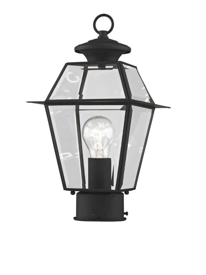 2182-04 Westover Medium Base Light Bulb Socket Small Outdoor Post Top Lantern 7.5" x 7.5" x 14"  Hand Crafted Solid Brass and Clear Beveled Glass, Black Finish 120V for Garden, Exterior Post