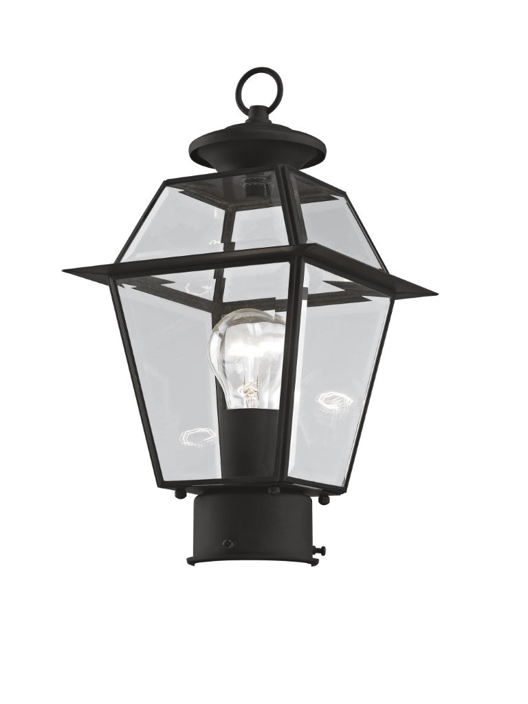 2182-04 Westover Medium Base Light Bulb Socket Small Outdoor Post Top Lantern 7.5" x 7.5" x 14"  Hand Crafted Solid Brass and Clear Beveled Glass, Black Finish 120V for Garden, Exterior Post