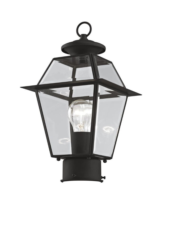 2182-04 Westover Medium Base Light Bulb Socket Small Outdoor Post Top Lantern 7.5" x 7.5" x 14"  Hand Crafted Solid Brass and Clear Beveled Glass, Black Finish 120V for Garden, Exterior Post