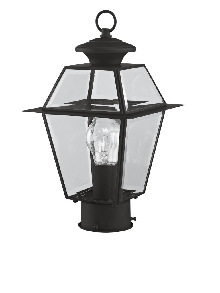 2182-04 Westover Medium Base Light Bulb Socket Small Outdoor Post Top Lantern 7.5" x 7.5" x 14"  Hand Crafted Solid Brass and Clear Beveled Glass, Black Finish 120V for Garden, Exterior Post