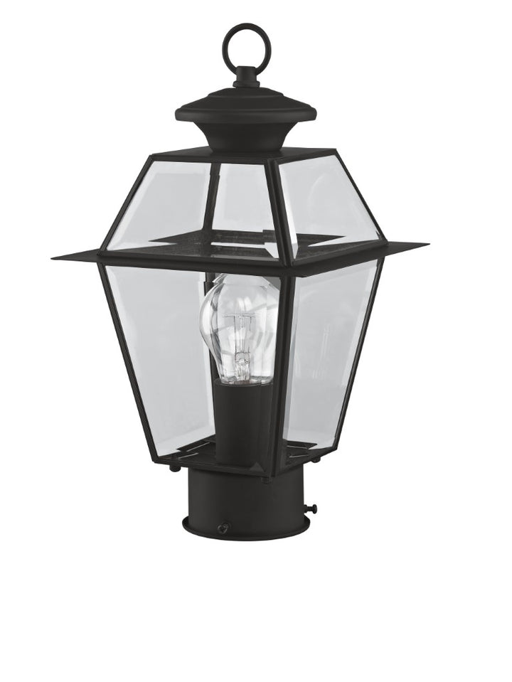 2182-04 Westover Medium Base Light Bulb Socket Small Outdoor Post Top Lantern 7.5" x 7.5" x 14"  Hand Crafted Solid Brass and Clear Beveled Glass, Black Finish 120V for Garden, Exterior Post