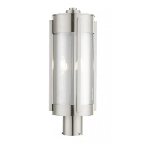 22386-91 Sheridan Candelabra Base Light Bulb Socket Medium Outdoor Post Top Lantern 18.75" x 7.5" Stainless Steel and Electrical Plated Smoke Glass, Brushed Nickel Finish 120V for Garden, Exterior Post