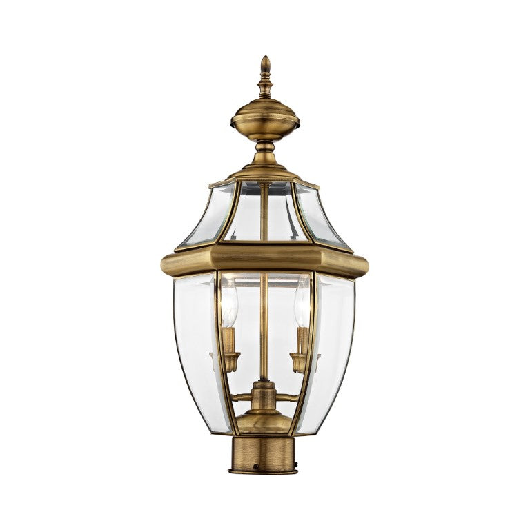 2254-01 Monterey Candelabra Base Light Bulb Socket Medium Outdoor Post Top Lantern 21.5" x 10.5" Hand Crafted Solid Brass and Clear Beveled Glass, Antique Brass Finish 120V for Garden, Exterior Post