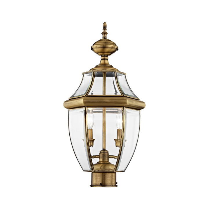 2254-01 Monterey Candelabra Base Light Bulb Socket Medium Outdoor Post Top Lantern 21.5" x 10.5" Hand Crafted Solid Brass and Clear Beveled Glass, Antique Brass Finish 120V for Garden, Exterior Post