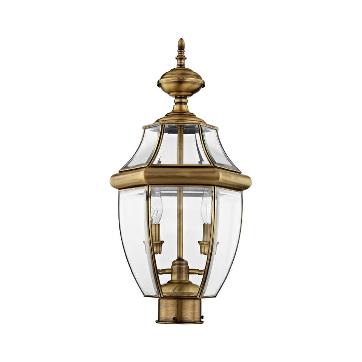 2254-01 Monterey Candelabra Base Light Bulb Socket Medium Outdoor Post Top Lantern 21.5" x 10.5" Hand Crafted Solid Brass and Clear Beveled Glass, Antique Brass Finish 120V for Garden, Exterior Post