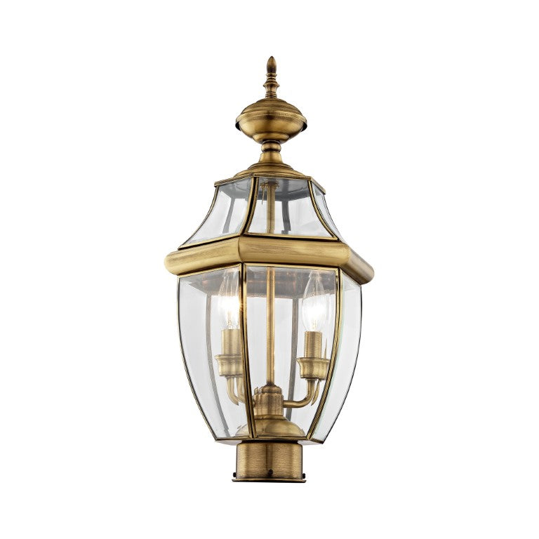 2254-01 Monterey Candelabra Base Light Bulb Socket Medium Outdoor Post Top Lantern 21.5" x 10.5" Hand Crafted Solid Brass and Clear Beveled Glass, Antique Brass Finish 120V for Garden, Exterior Post