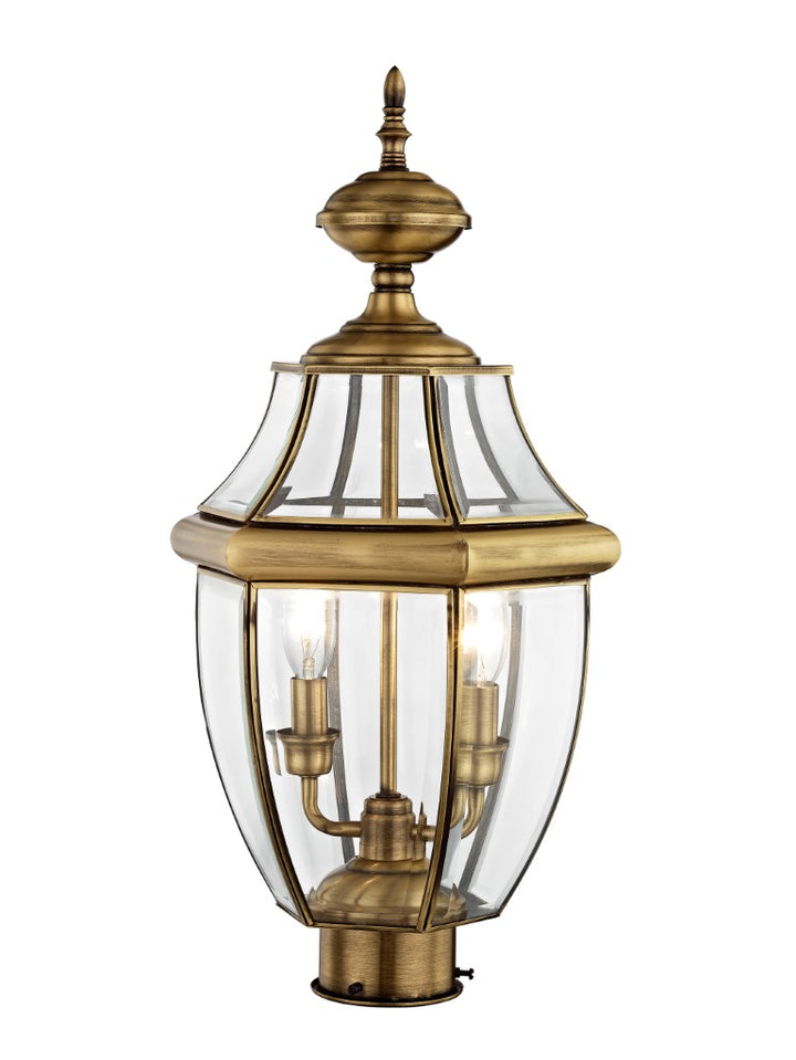 2254-01 Monterey Candelabra Base Light Bulb Socket Medium Outdoor Post Top Lantern 21.5" x 10.5" Hand Crafted Solid Brass and Clear Beveled Glass, Antique Brass Finish 120V for Garden, Exterior Post