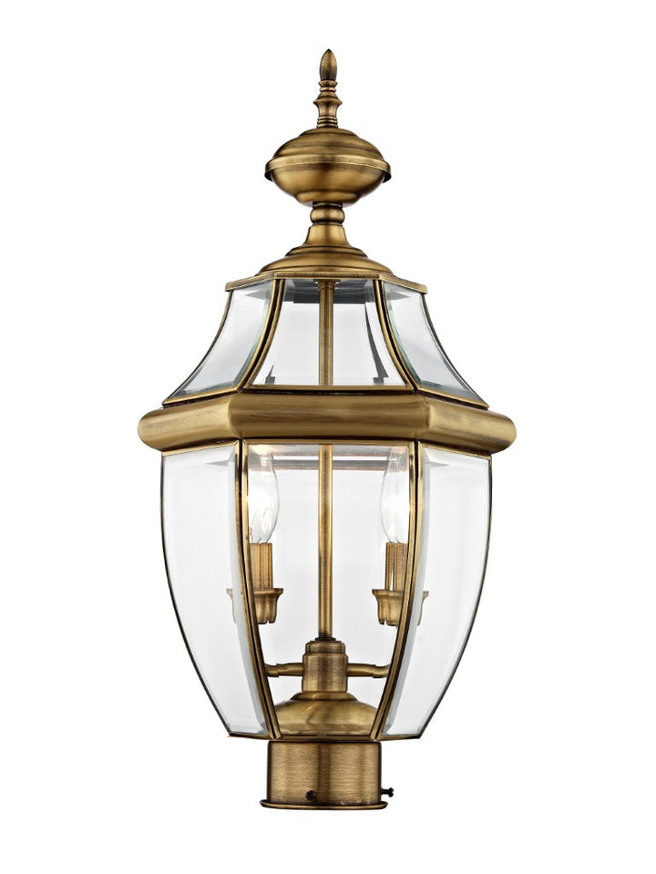 2254-01 Monterey Candelabra Base Light Bulb Socket Medium Outdoor Post Top Lantern 21.5" x 10.5" Hand Crafted Solid Brass and Clear Beveled Glass, Antique Brass Finish 120V for Garden, Exterior Post