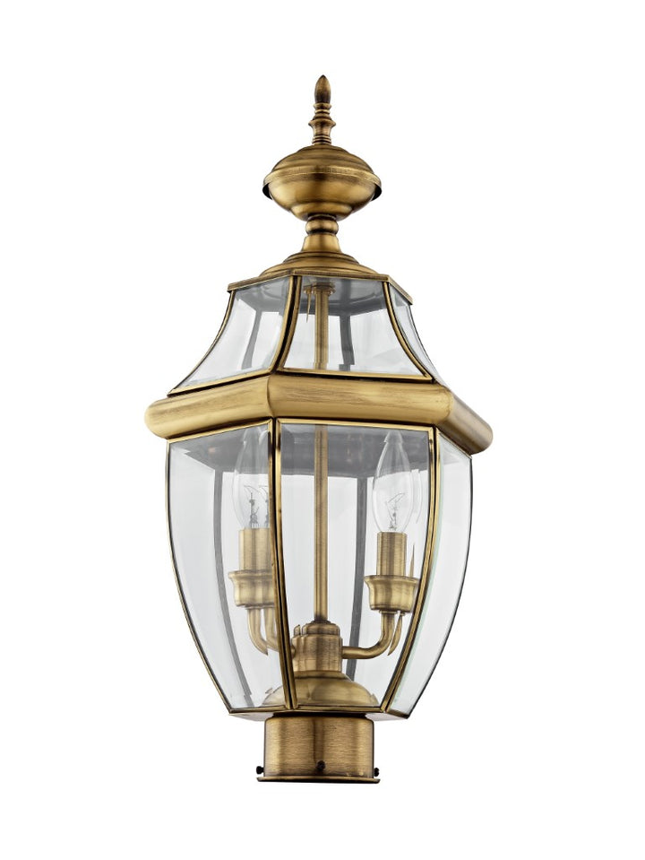 2254-01 Monterey Candelabra Base Light Bulb Socket Medium Outdoor Post Top Lantern 21.5" x 10.5" Hand Crafted Solid Brass and Clear Beveled Glass, Antique Brass Finish 120V for Garden, Exterior Post