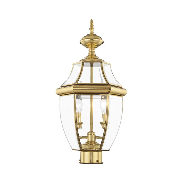 2254-02 Monterey Candelabra Base Light Bulb Socket Medium Outdoor Post Top Lantern 21.5" x 10.5" Hand Crafted Solid Brass and Clear Beveled Glass , Polished Brass Finish 120V for Garden, Exterior Post